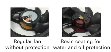 ▲Fig. 2  Regular fan without protection / Resin coating for water and oil protection